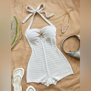 Women's Halter Neck Tie Bow Solid Color Textured Jumpsuit